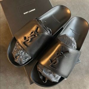 NIB YSL Joan Black Brooch Slides Black Leather